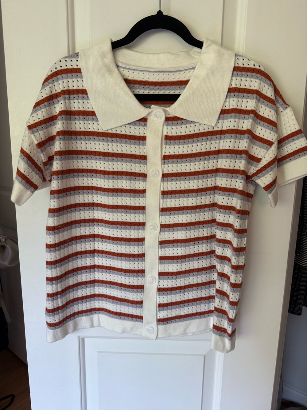 Short-Sleeve Button-Up Polo Top in White and Rust Stripe- Never worn!